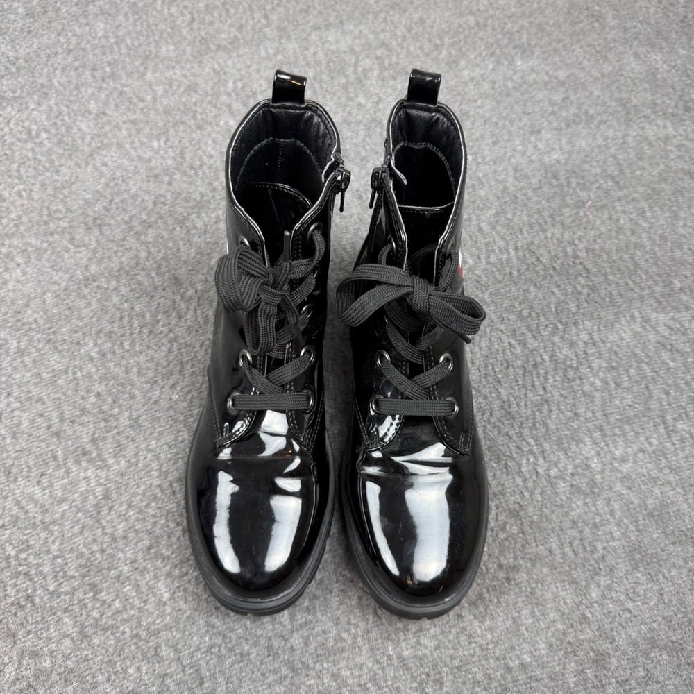 DKNY Combat Boots Girls Size 5 Black Patent Heart Logo DKN008 Lace Up Zip - Picture 3 of 7